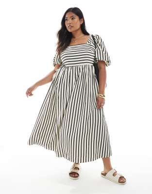 New Look Plus New Look Curve puff sleeve milkmaid midi dress in cream stripe-White