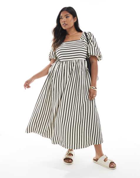 New Look Curve puff sleeve milkmaid midi dress in cream stripe - view 1