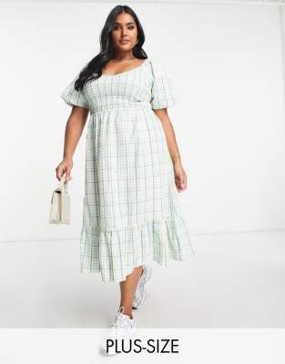 New Look Curve puff sleeve shirred midi dress in green gingham - ASOS Price Checker