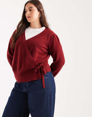 New Look Plus New Look Curve puff sleeve wrap jumper in burgundy-Red