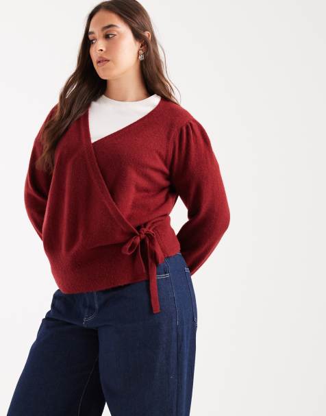 New Look Curve puff sleeve wrap jumper in burgundy - view 1