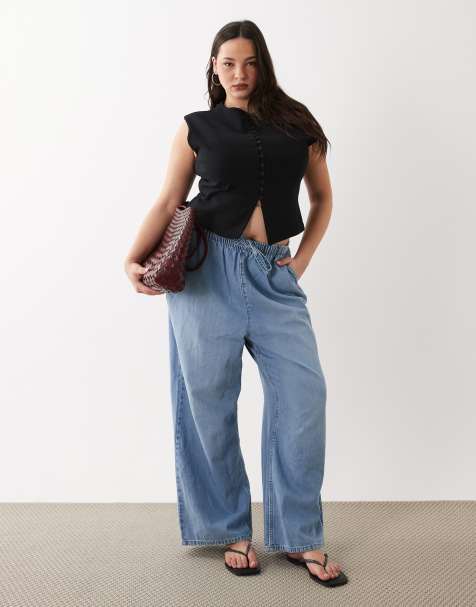 New Look Curve pull on wide leg jeans in light blue
