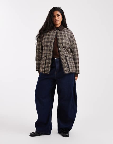New Look Curve quilted check barn jacket in brown