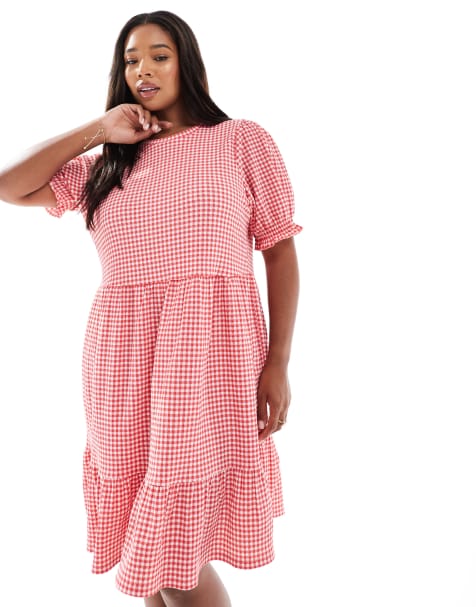 New Look Curve - Rød smock-minikjole med gingham-tern i krølstof - view 1