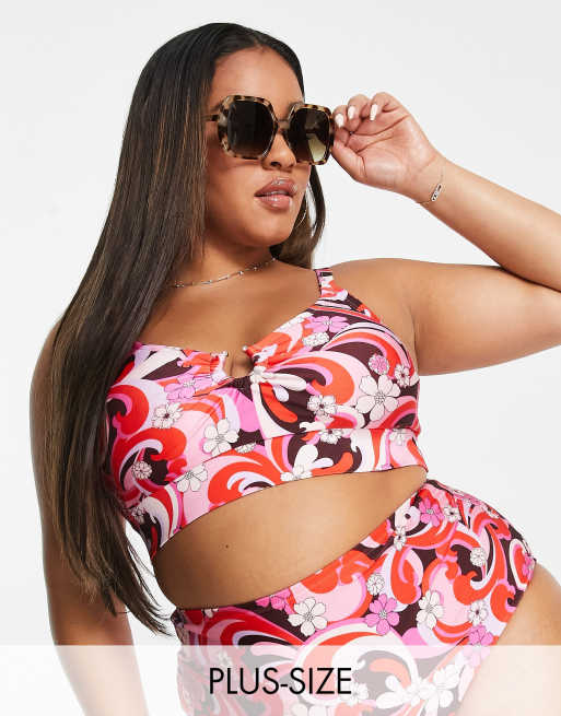 New Look Curve retro swirl print bikini top in pink | ASOS