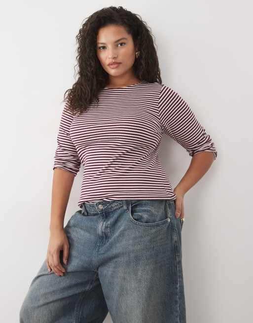 New Look Curve ribbed crew neck long sleeved top in pink stripe, 2 of 4