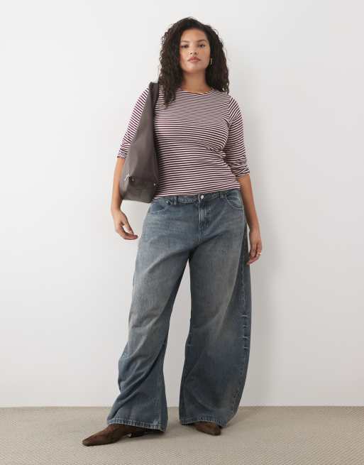 New Look Curve ribbed crew neck long sleeved top in pink stripe, 4 of 4