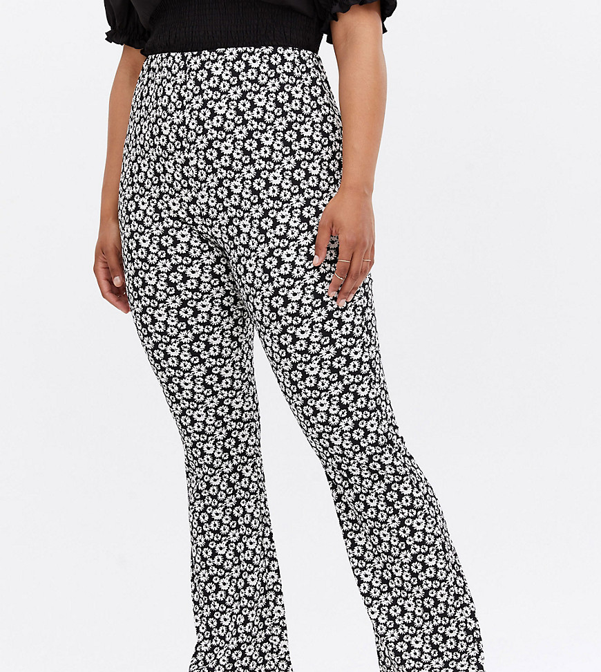 New Look Curve ribbed flare pant in black floral print