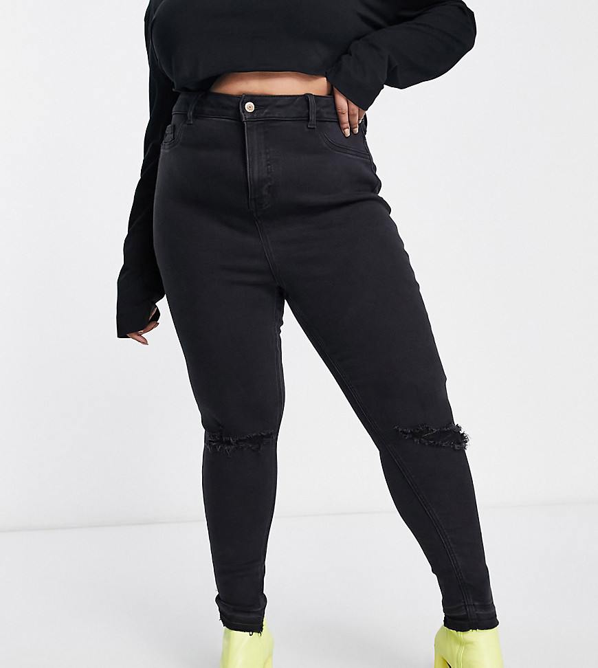 New Look Curve ripped knee skinny jeans in black