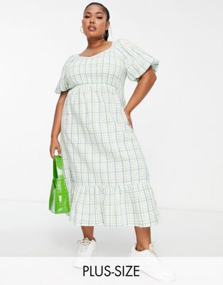 New Look Curve shirred puff sleeve midi dress in green check - ASOS Price Checker