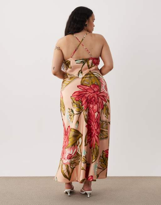 New Look Curve - Robe mi-longue en satin imprimé fleuri avec col bénitier - Corail pâle, 3 de 4