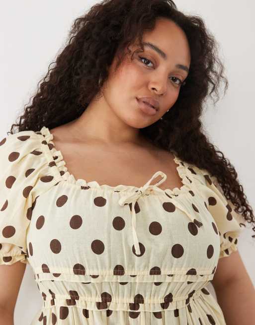 New Look Curve - Robe mi-longue froncée tendance folk à pois - Jaune, 2 de 4