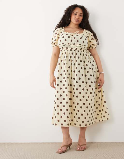 New Look Curve - Robe mi-longue froncée tendance folk à pois - Jaune, 3 de 4