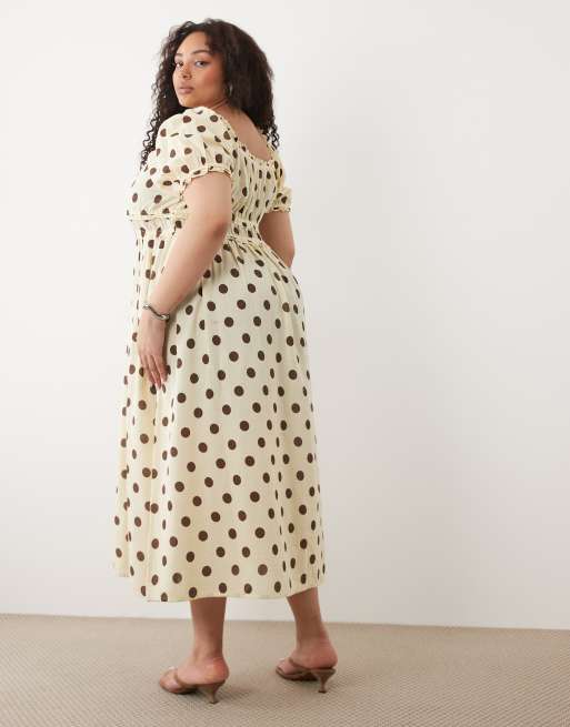 New Look Curve - Robe mi-longue froncée tendance folk à pois - Jaune, 4 de 4