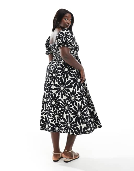 New Look Curve - Robe mi-longue tendance folk à manches bouffantes et imprimé fleuri - Noir, 3 de 4