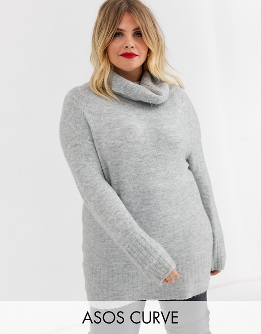 New Look Curve roll neck jumper in mid grey