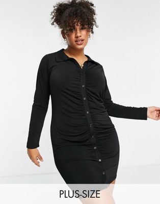 New Look Curve ruched button through mini dress in black