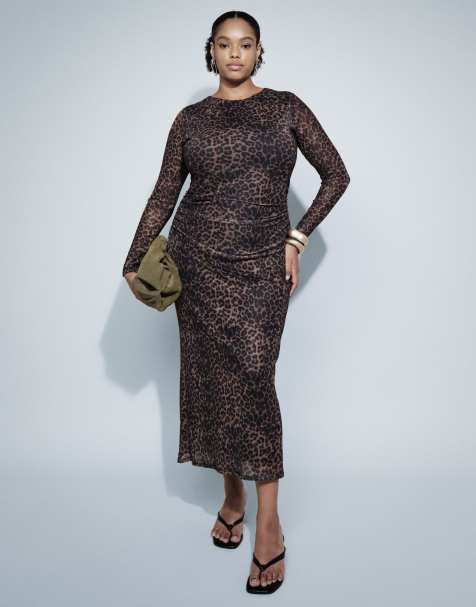 New Look Curve ruched mesh midi dress in brown leopard print - view 1