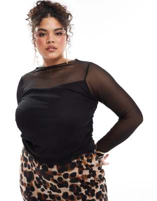 New Look Plus New Look Curve ruched side long sleeve top in black