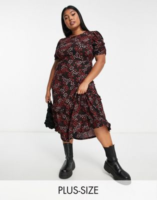 New Look Curve ruched sleeve tiered midi dress in black floral