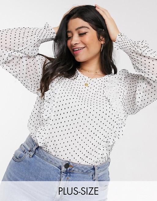 New Look Curve ruffle detail blouse in white polka dot