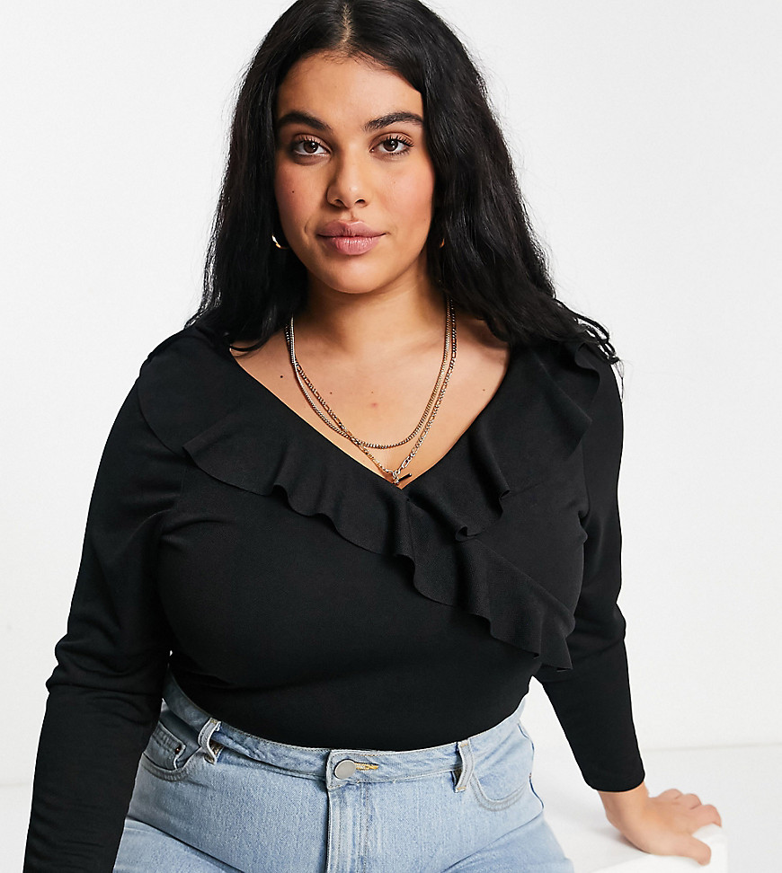 New Look Curve ruffle front bodysuit in black