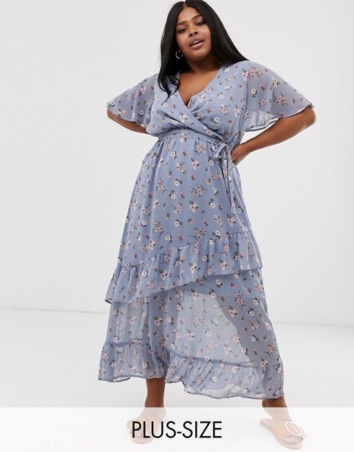 New Look Curve ruffle maxi dress in blue ditsy floral