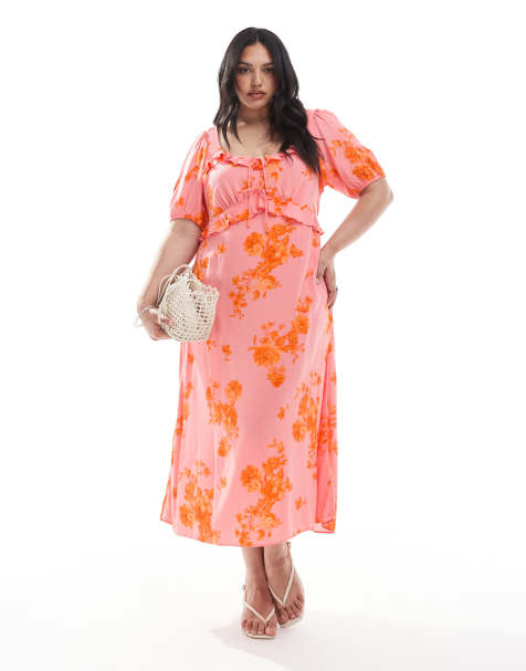 New Look Curve ruffle milkmaid midi dress in floral pink - view 1