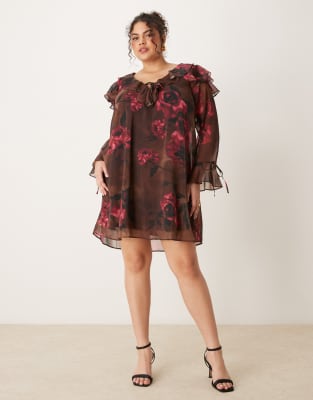 New Look Plus New Look Curve ruffle mini dress in brown floral