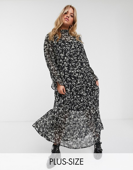 New Look Curve ruffle neck midi dress in black floral