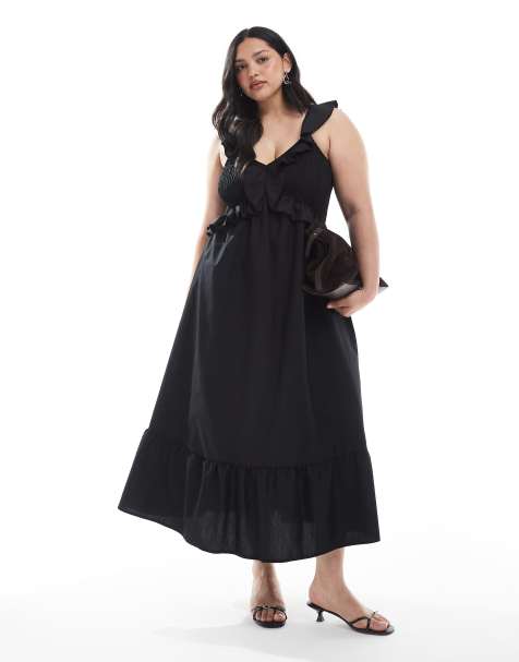 New Look Curve ruffle shirred midi dress in black - view 1
