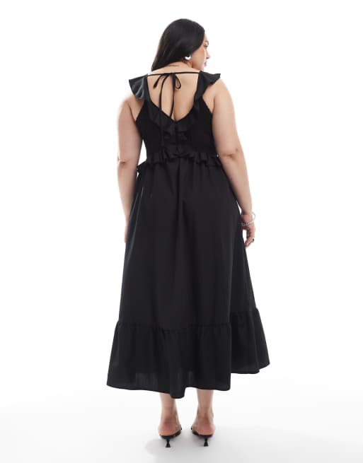 New Look Curve ruffle shirred midi dress in black, 3 of 4