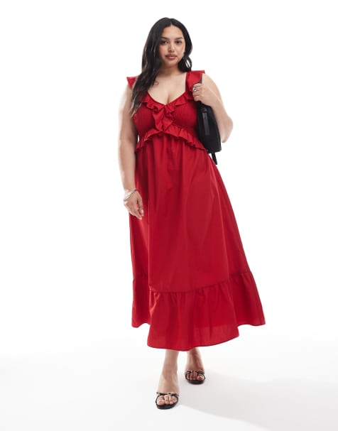 New Look Curve ruffle shirred midi dress in bright red - view 1