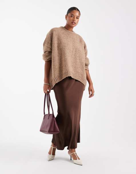 New Look Curve satin bias midi skirt in brown