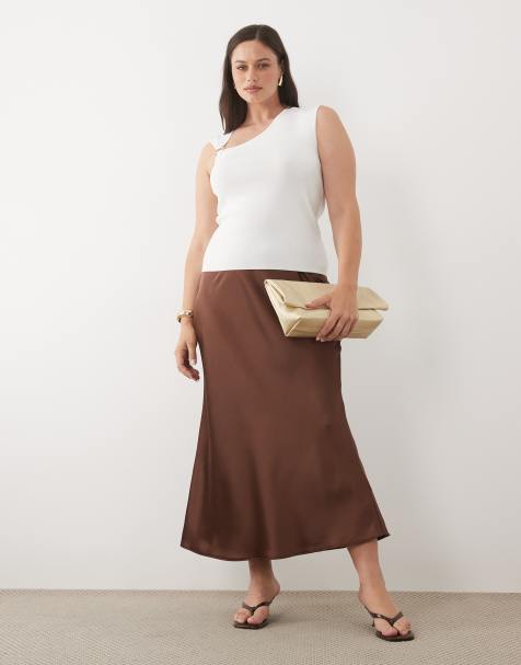 New Look Curve satin bias midi skirt in brown