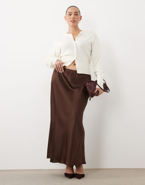 New Look Curve satin bias midi skirt in brown - view 1