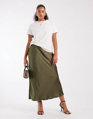 New Look Plus New Look Curve satin bias midi skirt in khaki-Green