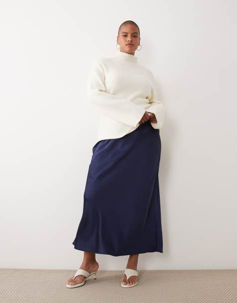 New Look Curve satin bias midi skirt in navy - view 1