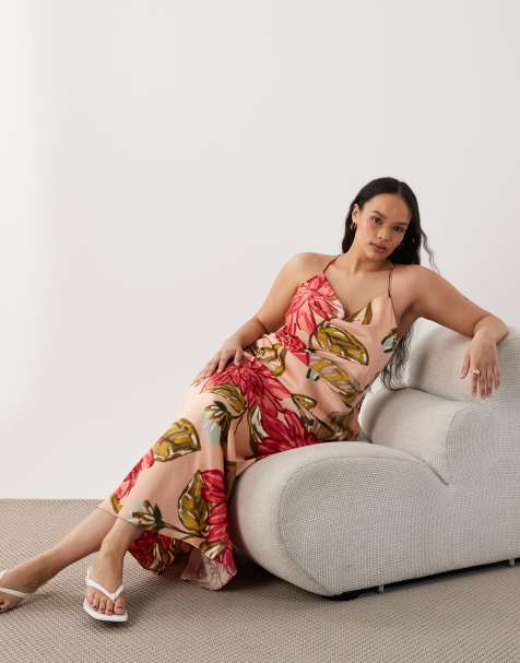 New Look Curve satin cowl neck floral midi dress in pale coral - view 1