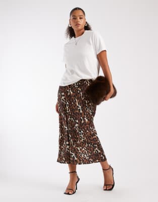 New Look Curve - Satin-Midirock in Braun mit Leopardenmuster-Brown