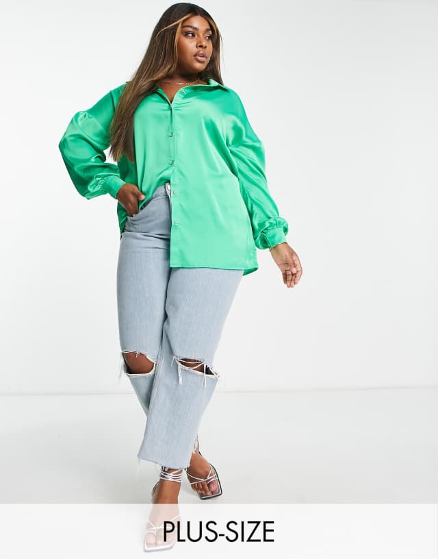 New Look Curve satin shirt in green