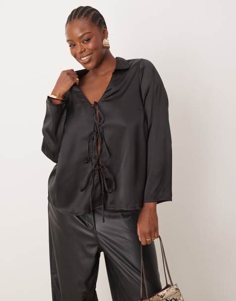 New Look Curve satin tie front blouse in black - view 1