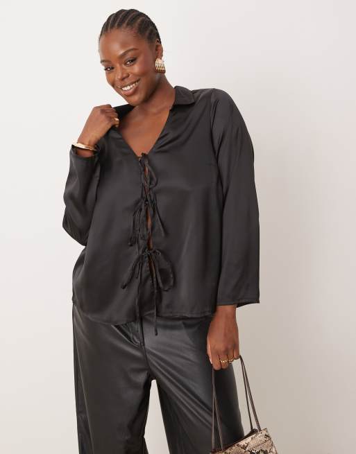 New Look Curve satin tie front blouse in black ASOS