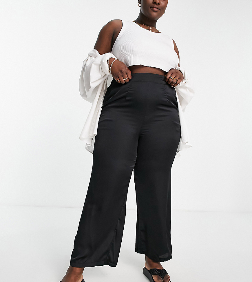 New Look Curve satin wide leg trousers in black
