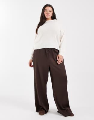 New Look Plus New Look Curve satin wide leg trousers in brown