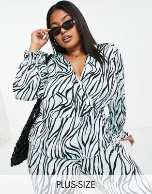 New Look Curve satin wrap blouse in aqua tiger print - ASOS Price Checker