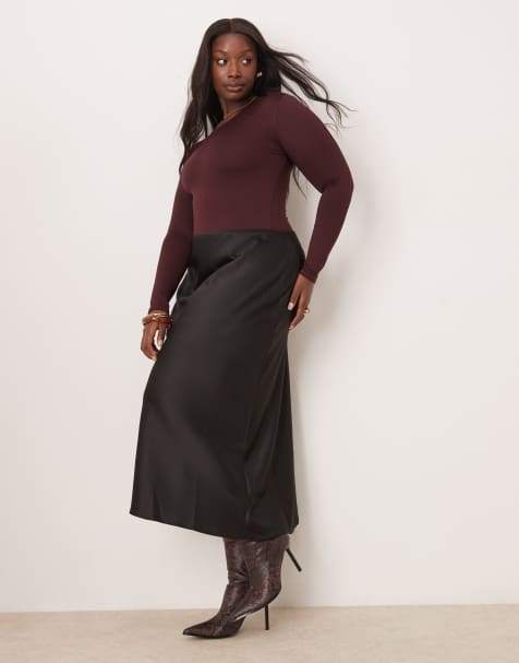 New Look Curve - Schuingesneden satijnen midi-rok in zwart - view 1