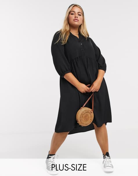 New Look Curve – Schwarzes Hängerkleid mit Puffärmeln und Knopfleiste vorn