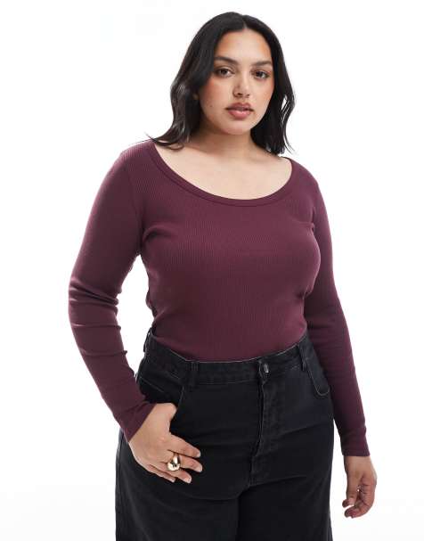 New Look Curve scoop ribbed long sleeve top in purple - view 1