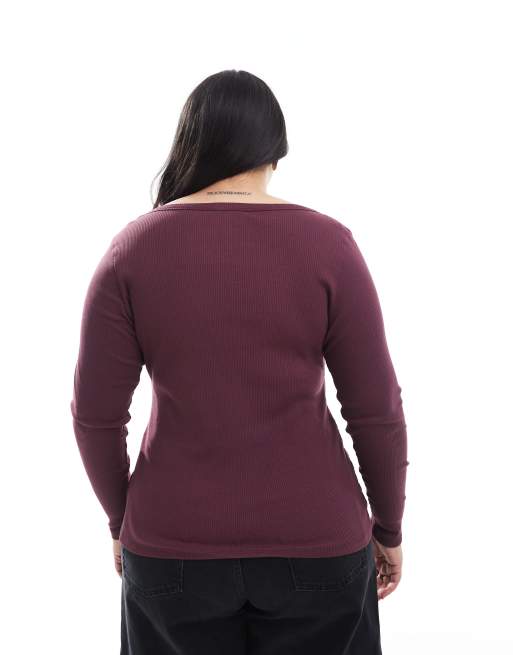 New Look Curve scoop ribbed long sleeve top in purple, 2 of 4